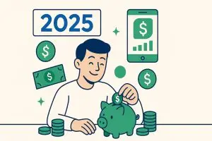 Illustration of a person using apps and piggy bank to find practical ways to save money in 2025
