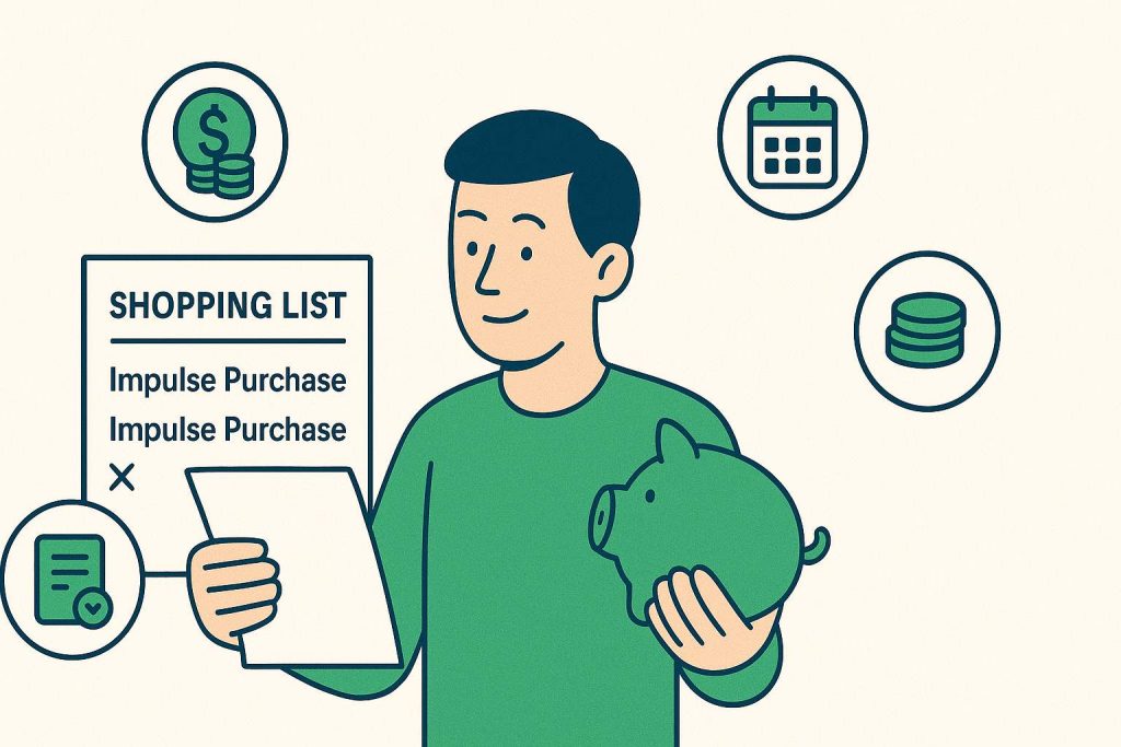 Flat illustration showing budgeting checklist and piggy bank, representing smart ways to save money daily