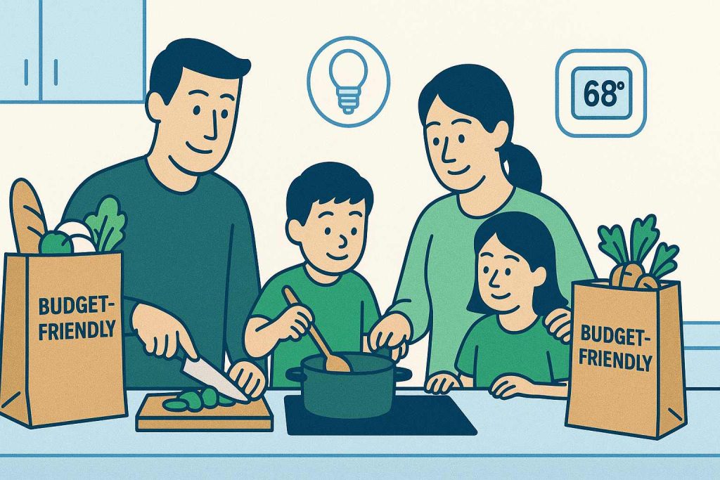 Family cooking at home to cut grocery expenses, one of the best ways to save money every month