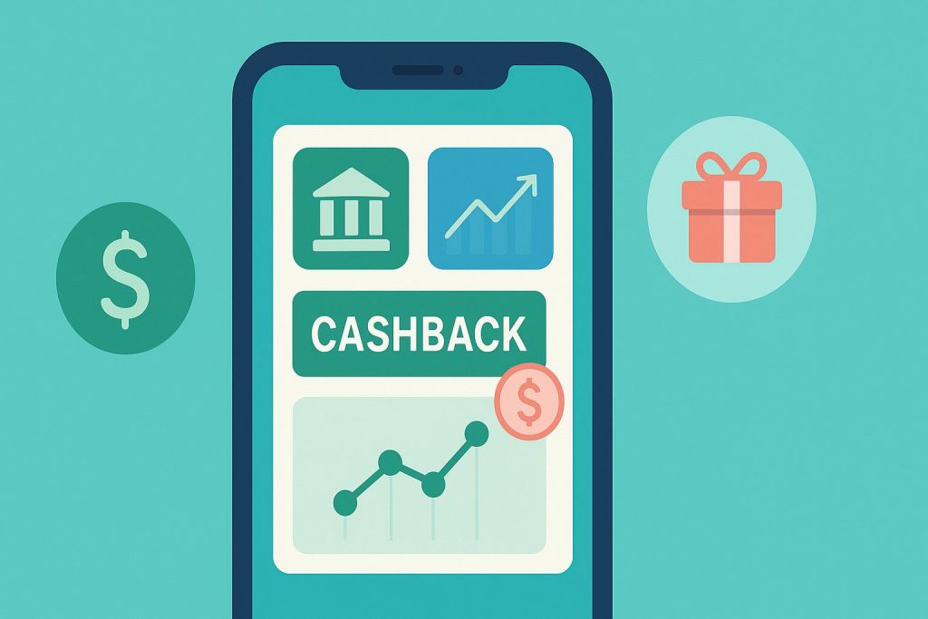 Smartphone with finance apps and cashback rewards showing digital ways to save money online