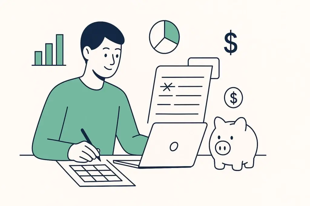 Illustration of how to create a budget in 2025 with a laptop, piggy bank, and savings charts