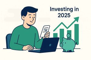 Investing for beginners in 2025 illustration with laptop, piggy bank, and rising charts
