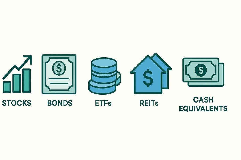 Basic investment types explained for investing for beginners including stocks, bonds, ETFs, and REITs