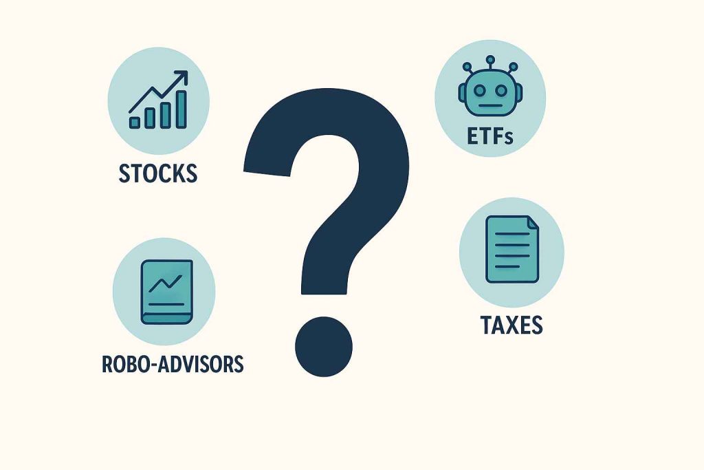 FAQs on investing for beginners including how much to start, ETFs vs stocks, and safest options