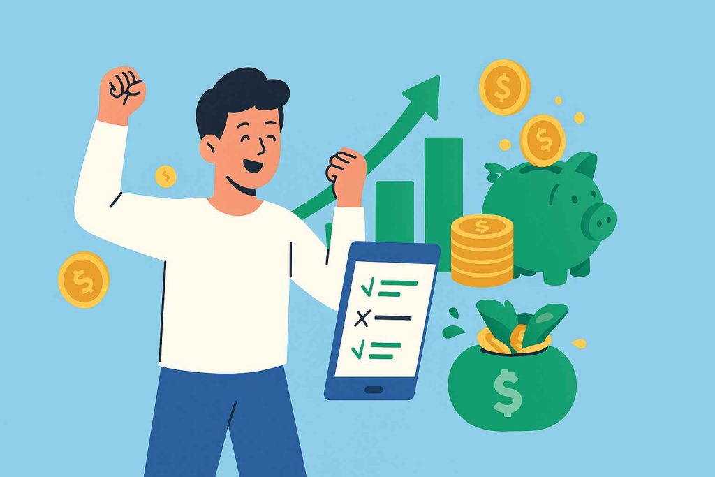 Successful investing for beginners in 2025 with growing savings, rising charts, and financial confidence