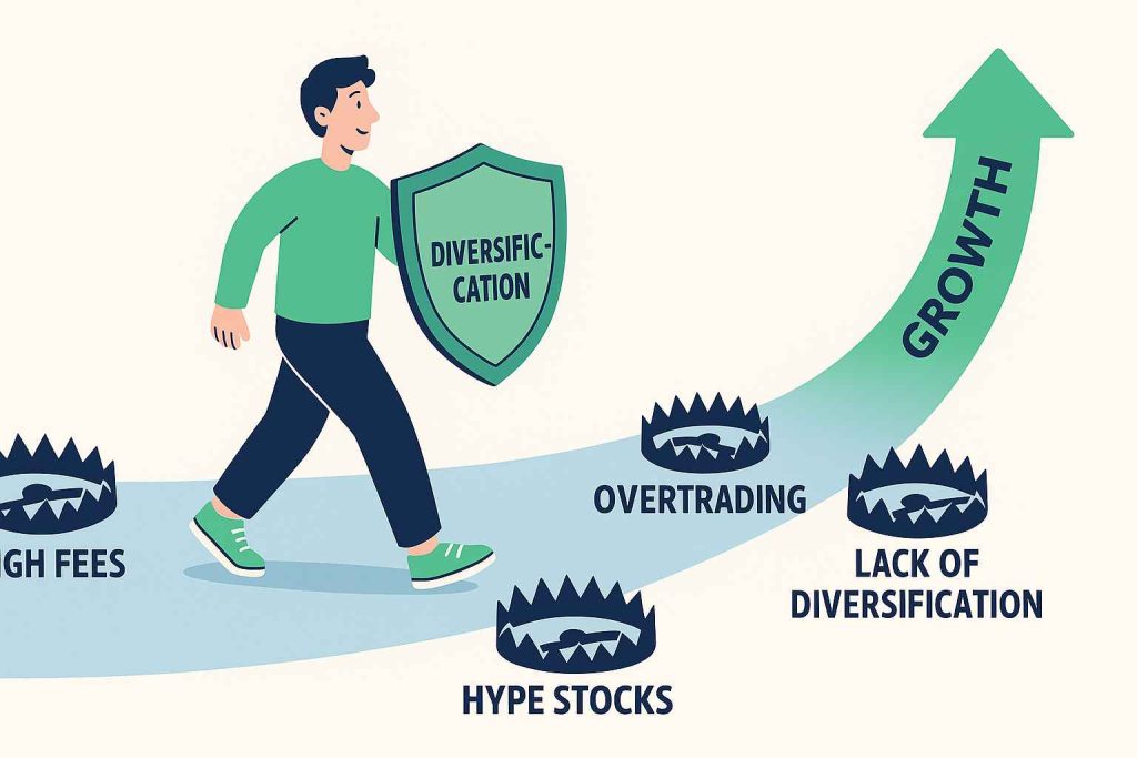Illustration showing common investing mistakes for beginners such as high fees, hype stocks, overtrading, and lack of diversification