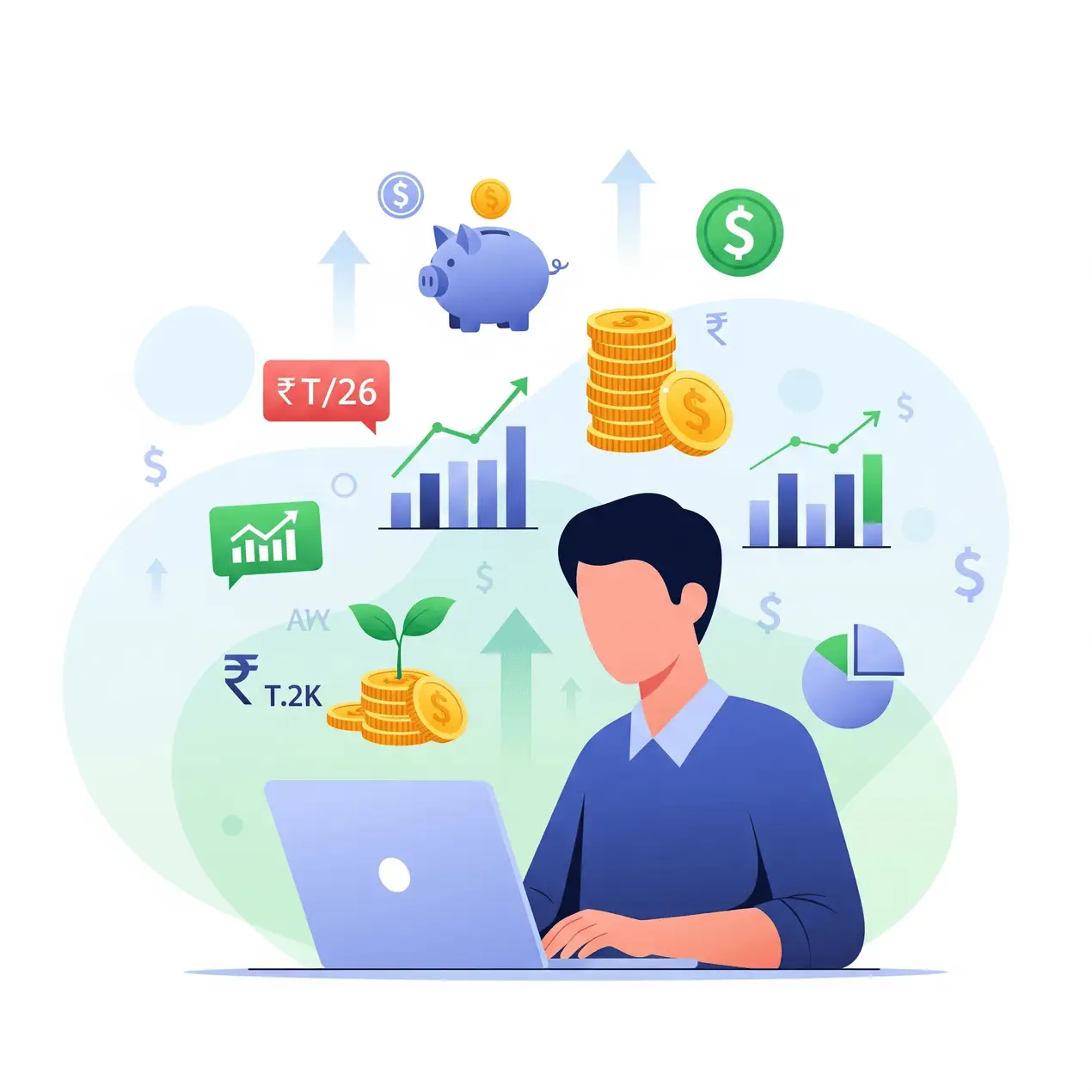 Illustration of a person learning personal finance on a laptop, surrounded by icons for investing, budgeting, and wealth building.