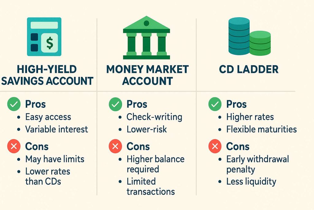 Best places to keep an emergency fund such as high-yield savings accounts, money markets, and CDs