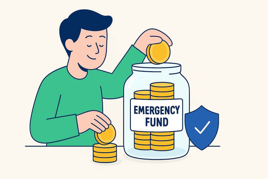 Illustration of how to build an emergency fund in 2025 with savings jar and shield