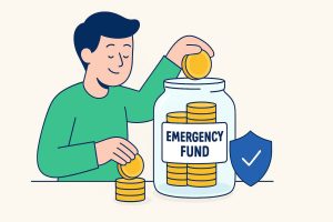 Illustration of how to build an emergency fund in 2025 with savings jar and shield