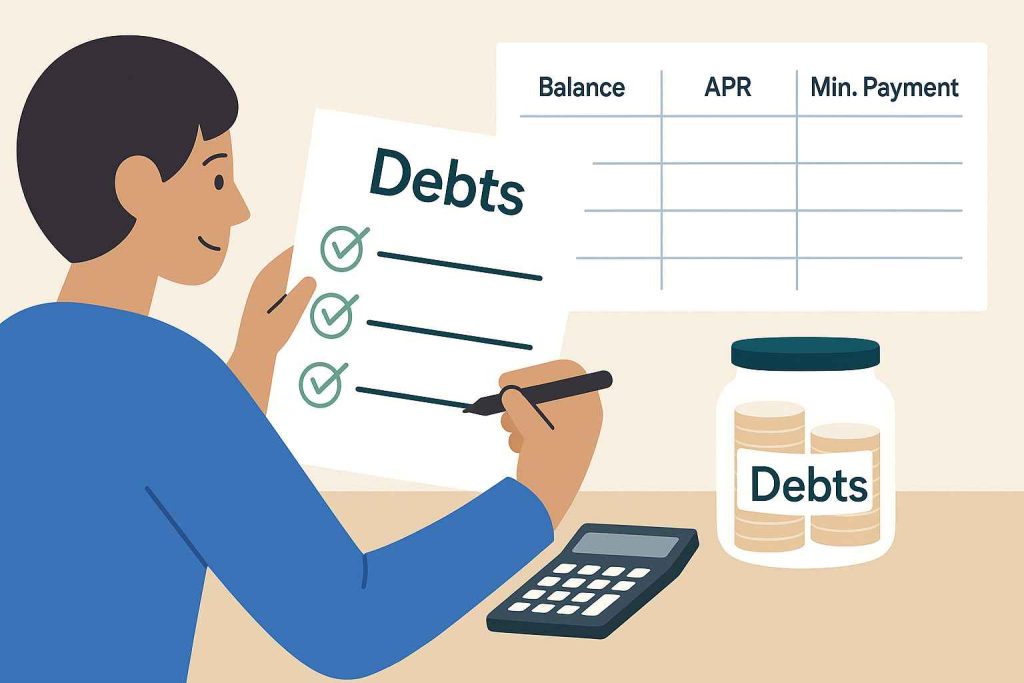 Listing and organizing debts by balance, APR, and minimum payment to pay off debt faster