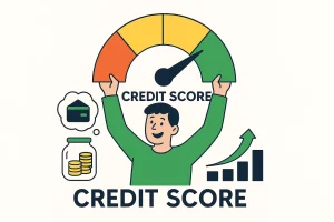 Illustration of a smiling person holding a credit score gauge moving from red to green with bold text CREDIT SCORE 2025, symbolizing how to improve your credit score fast in 2025