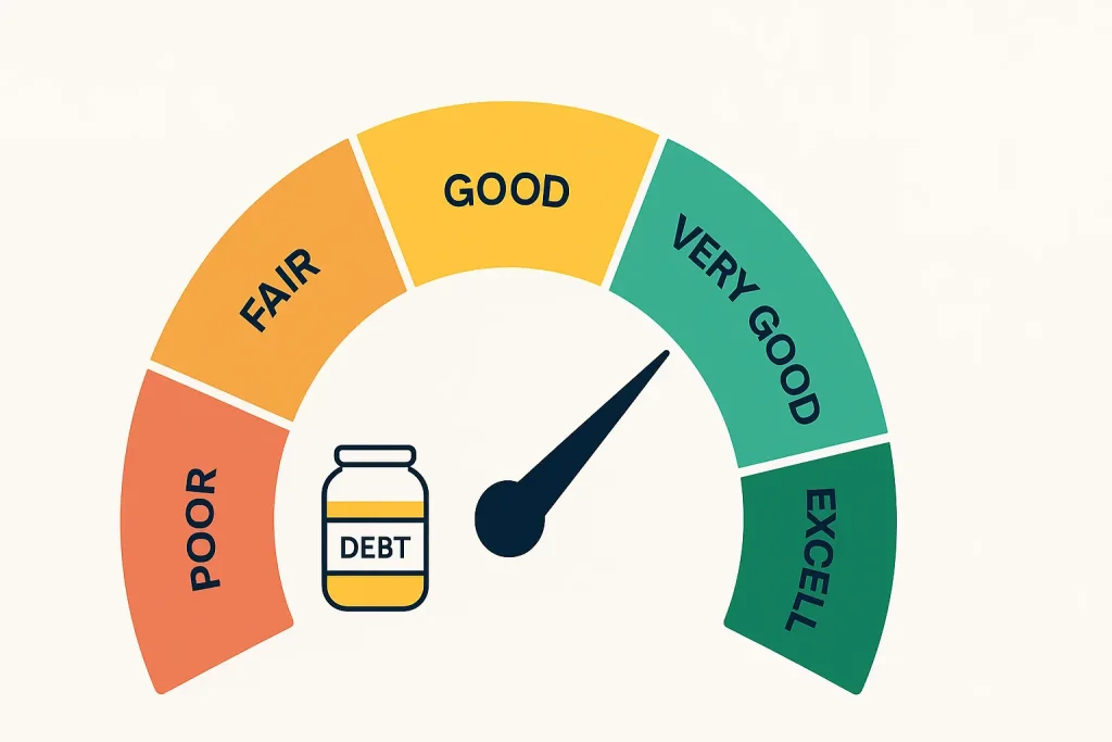 Credit score dial showing ranges from poor to excellent